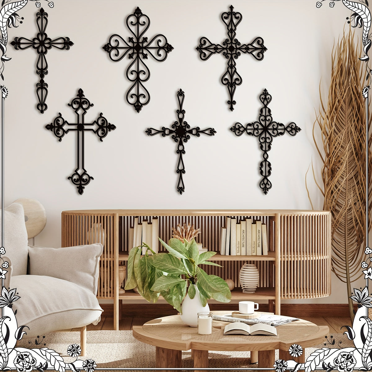Wooden Cross Wall Decor 6pcs, Vintage Hand Carved Decorative Wall Crosses 12x8 Inch for Living Room, Bedroom & Home Decor, Catholic Crucifix Wall Hanging Set, Rustic Religious Wall Art