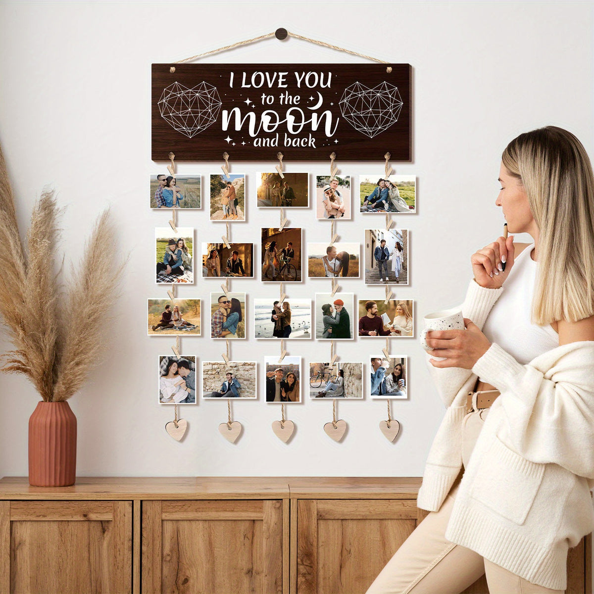Wooden Hanging Photo Frame "I Love You to the Moon and Back" with 20 Clips, 6 Hemp Ropes & 5 Heart Tags – Romantic Wall Decor Picture Holder Gift for Couples, Anniversary, Wedding, Valentine’s Day & Christmas