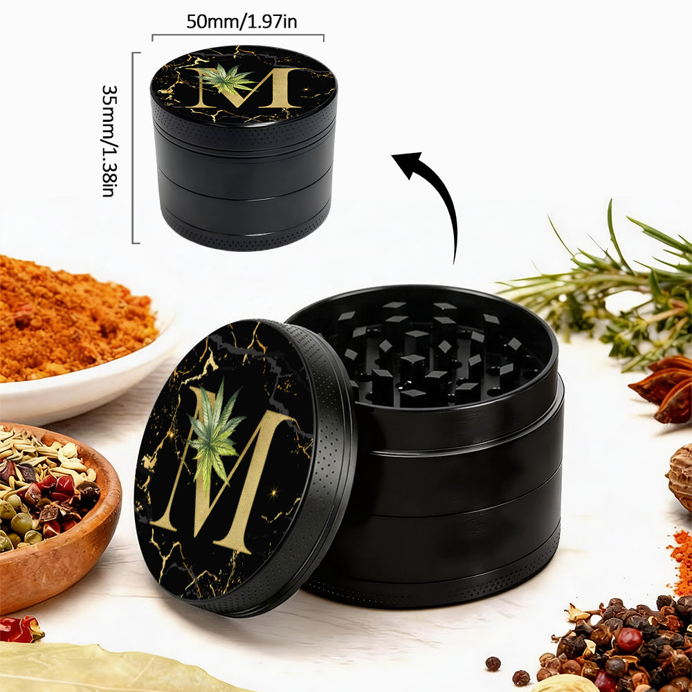 Manual Spice & Herb Grinder with Pollen Catcher - Personalized A-Z Initial Letter Metal Crusher, Portable 2 Inch Golden Marble Alphabet Design, Gift for Smokers & Herb Lovers (Black)