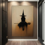 Witch Silhouette Framed Canvas Wall Art – Minimalist Gothic Beige & Black Broomstick Print, Spooky Halloween Decor for Living Room & Bedroom, Multiple Sizes Available