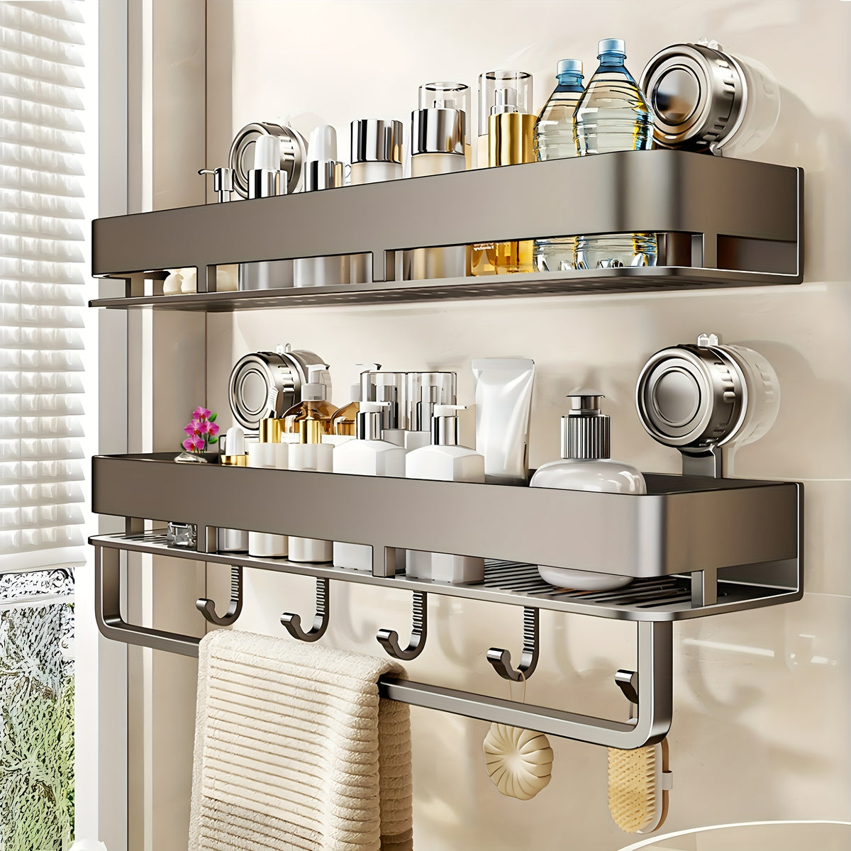 Suction Cup Shower Caddy Space Aluminum – Wall-Mounted Bathroom Shelf Organizer with Towel Holder, Rustproof Floating Shelf for Shampoo & Soap