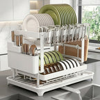 2-Tier Dish Drying Rack with Drainboard – Black Metal Two-Level Dish Drainer with Drainage for Kitchen Counter, Standing Dish Holder Organizer Shelf for Plates, Cups & Utensils