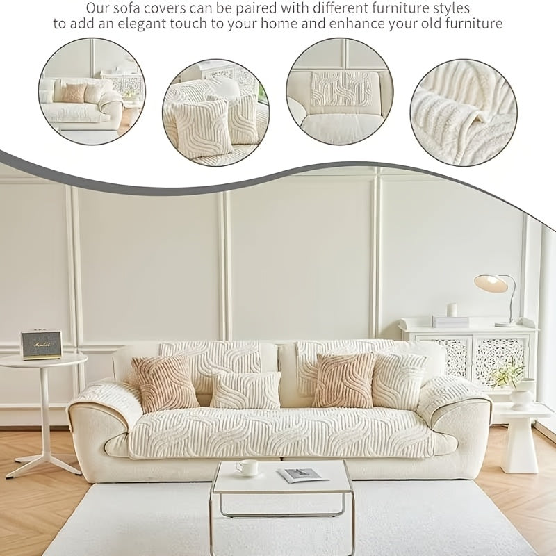 Boho Plush Sofa Cover 2-5 Seater – Non-Slip Backing, Pet-Friendly, Soft Durable Furniture Protector, 4 Colors, All-Season, Living Room Bedroom Office, Off-White Light Grey Dark Gray Light Brown
