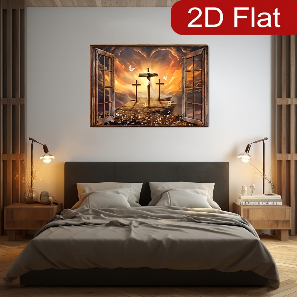 Framed Canvas Wall Art - Sunset Three Crosses Christ Landscape Window Scene, Religious Home Decor for Living Room & Bedroom, Faith-Inspired Wall Decor Gift