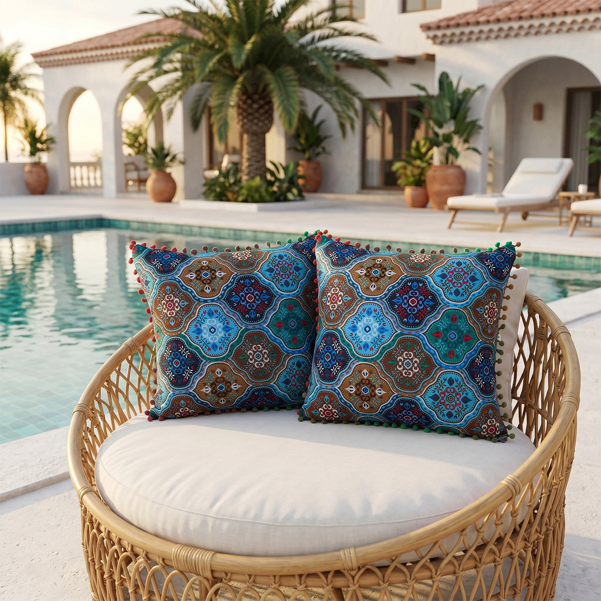 2-Pack Turkish Moroccan Throw Pillows with Inserts Reversible Floral Boho Decorative Pillow 18x18 Inch Polyester Square Cushion Zip Cover for Sofa Couch Bedroom Living Room 7 Colors
