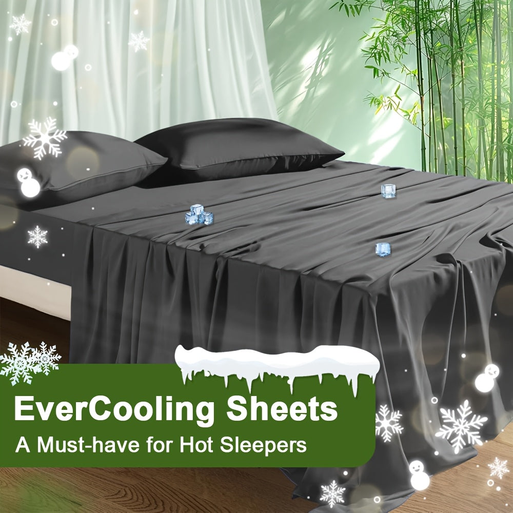 Cooling Bamboo Bed Sheet Set 4-Piece - Soft Lightweight Breathable Deep Pocket 16" Fitted Sheet, Flat Sheet & 2 Pillowcases, Machine Washable Summer Bedding, Twin Full Queen King, 12 Colors
