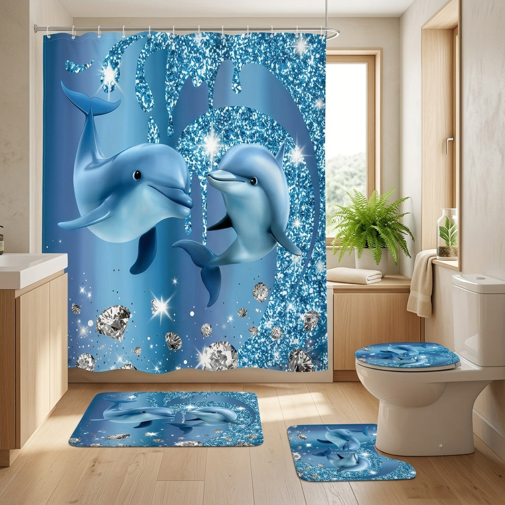 Blue Dolphin Shower Curtain Set 4 Piece – Cute Ocean Cartoon Bathroom Curtain with Non-Slip Rug, Toilet U-Shape Mat & Lid Cover + 12 Hooks | Coastal Bath Decor