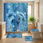 Blue Dolphin Shower Curtain Set 4 Piece – Cute Ocean Cartoon Bathroom Curtain with Non-Slip Rug, Toilet U-Shape Mat & Lid Cover + 12 Hooks | Coastal Bath Decor
