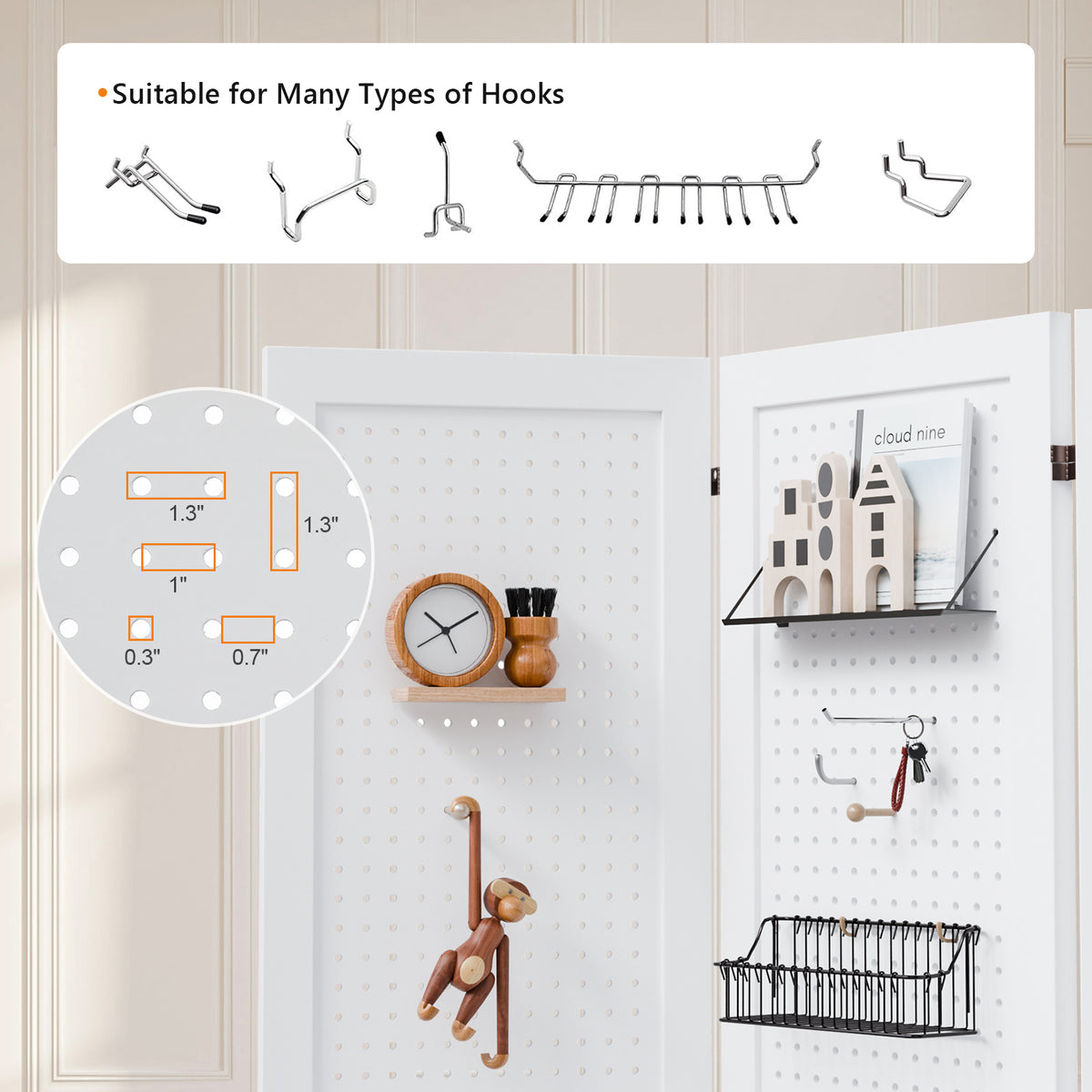 5 FT Freestanding Pegboard Room Divider | Wood Folding Privacy Screen & Display Board Organizer with Support Feet – White, Black, Natural, Grey | Craft Shows, Retail & Home