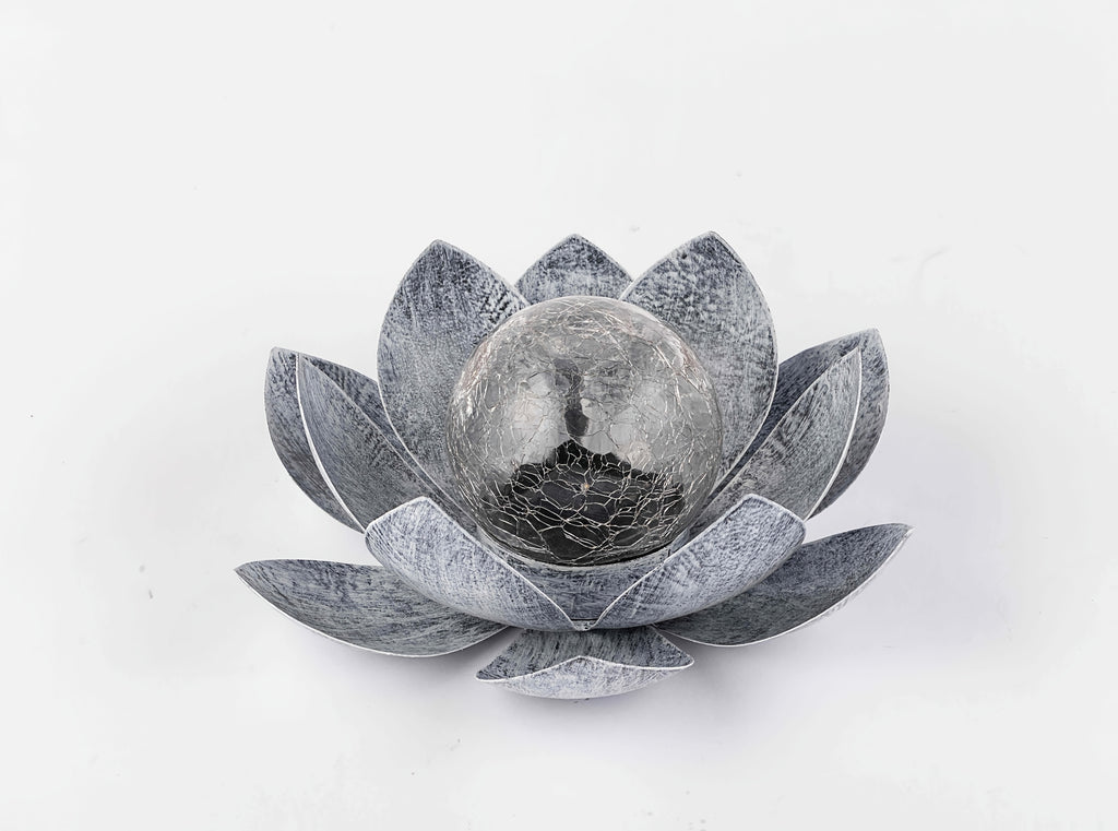 Solar Lotus Flower Garden Light with Cracked Glass Globe & LED Beads, Waterproof Outdoor Stake Light for Patio, Lawn, Steps & Yard, Auto Dusk-to-Dawn, Black White Solar Decorative Landscape Light