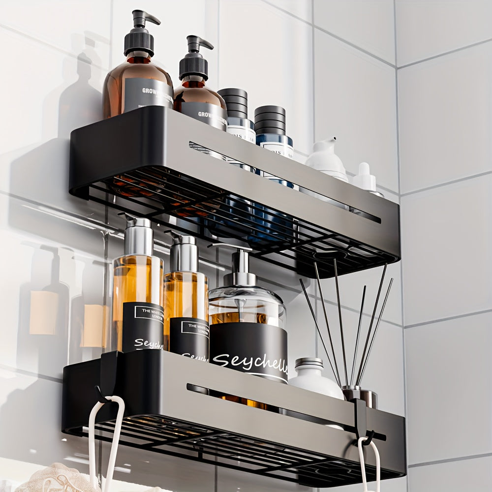 Adhesive Shower Caddy Shelf Set of 2 – No Drill Wall-Mounted Bathroom Organizer, Large Capacity Sticky Shelves for Shower Bathtub Sink, Heavy-Duty Space Saver