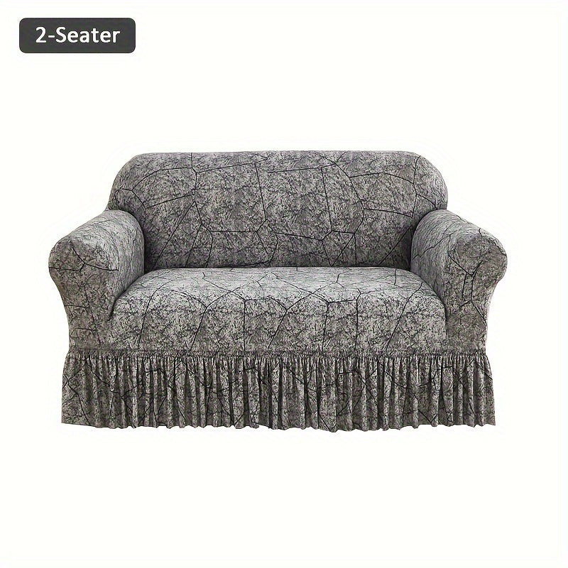 Printed Elastic Skirt Sofa Cover Slipcover with Bottom Skirt | Stretch Fitted Couch Protector for Living Room, Single 2-Seater 3-Seater 4-Seater