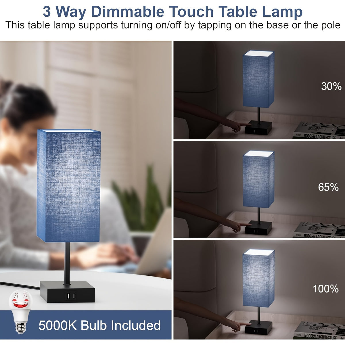 Bedside Lamps Set of 2 with 3-Way Dimmable Touch Control, USB-C & USB-A Charging Ports, LED Bulbs Included – Nightstand Lamps for Bedroom & Living Room