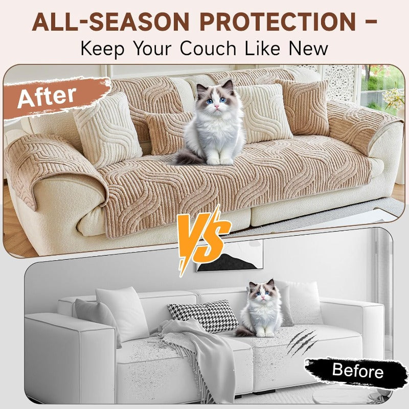 Bohemian Plush Sofa Pad Slipcover – Modern Luxury Faux Fur Non-Slip Couch Cover, All Season Machine Washable Pet Friendly Soft Seat Cushion Protector for Living Room Bedroom Office Home Decor
