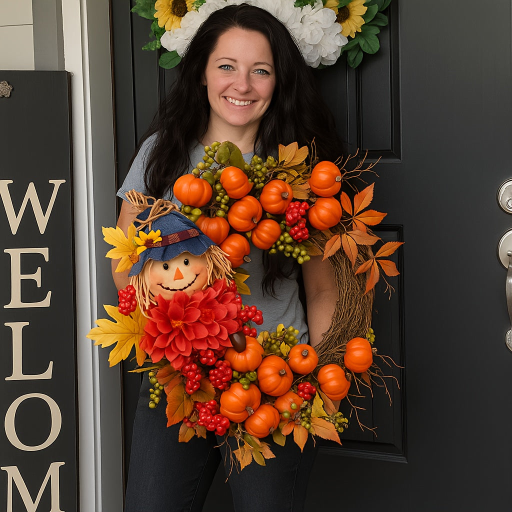 Fall Thanksgiving Wreath Decor – Pumpkin Leaves Floral Doll Autumn Wreath for Front Door, Indoor & Outdoor Walls, Windows, Family & Holiday Party, Christmas Winter Home Decor