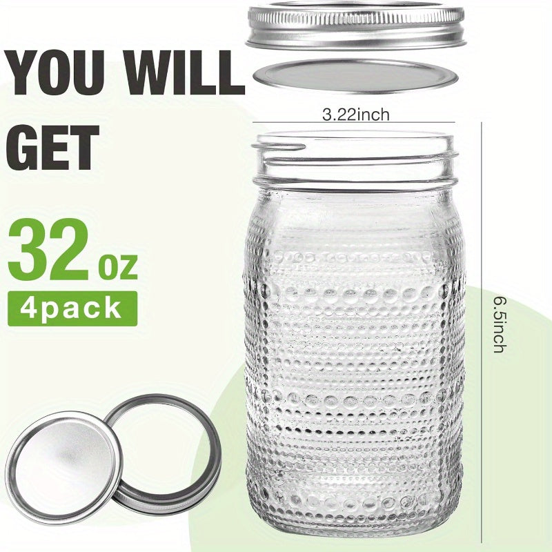 Mason Jars 32oz Wide Mouth with Lids 4 Pack Glass Canning Jars for Pickling Food Storage Meal Prep Salad Jam - Large Glass Jars for Centerpieces Wedding Decor Kitchen Pantry