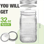 Mason Jars 32oz Wide Mouth with Lids 4 Pack Glass Canning Jars for Pickling Food Storage Meal Prep Salad Jam - Large Glass Jars for Centerpieces Wedding Decor Kitchen Pantry
