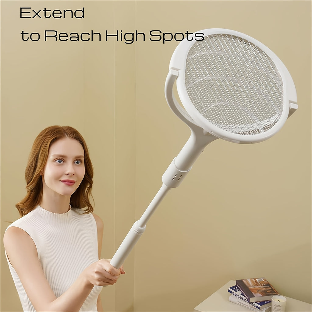 6-in-1 Electric Mosquito Swatter Bug Zapper Racket USB Rechargeable Telescopic Pole 90° Rotating Grid Wall Mount 3-Layer Safety Net UV Light for Indoor Outdoor Camping Patio