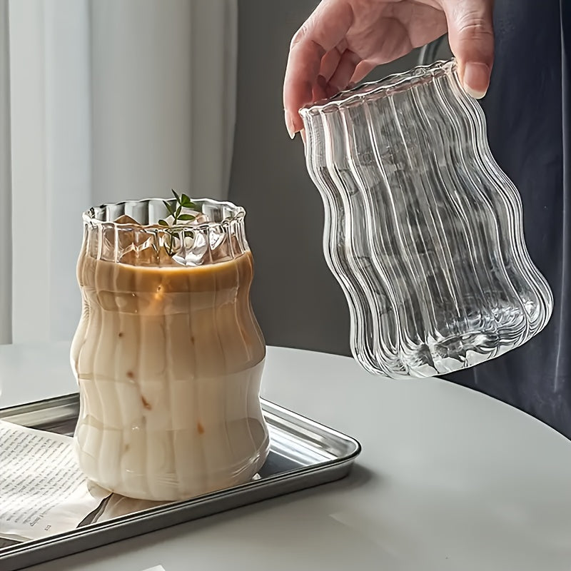 Glass Coffee Mugs with Straw Set of 6 - Retro Stripe Design Clear Glass Cups for Iced Coffee, Tea & Cold Drinks, Minimalist Office & Home Drinkware, Includes Straw Cleaning Brush