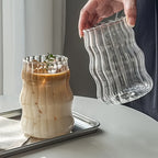 Glass Coffee Mugs with Straw Set of 6 - Retro Stripe Design Clear Glass Cups for Iced Coffee, Tea & Cold Drinks, Minimalist Office & Home Drinkware, Includes Straw Cleaning Brush
