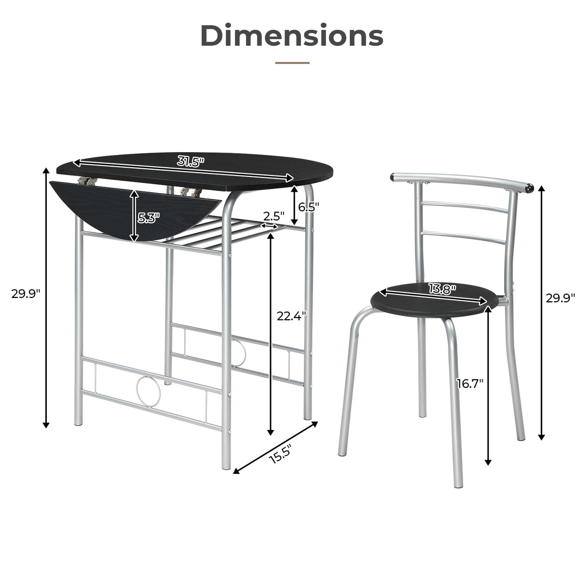 3-Piece Bistro Dining Set Drop Leaf Table and 2 Chairs Space Saving Kitchen Table Set for 2 with Wine Rack Metal Frame for Small Space Apartment Breakfast Nook
