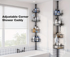 4-Tier Corner Shower Storage Rack No-Drill Telescopic Floor Standing Organizer – Rust-Resistant Stainless Steel, Adjustable 47–121 Inch, Bathtub Shampoo Shelf in Black