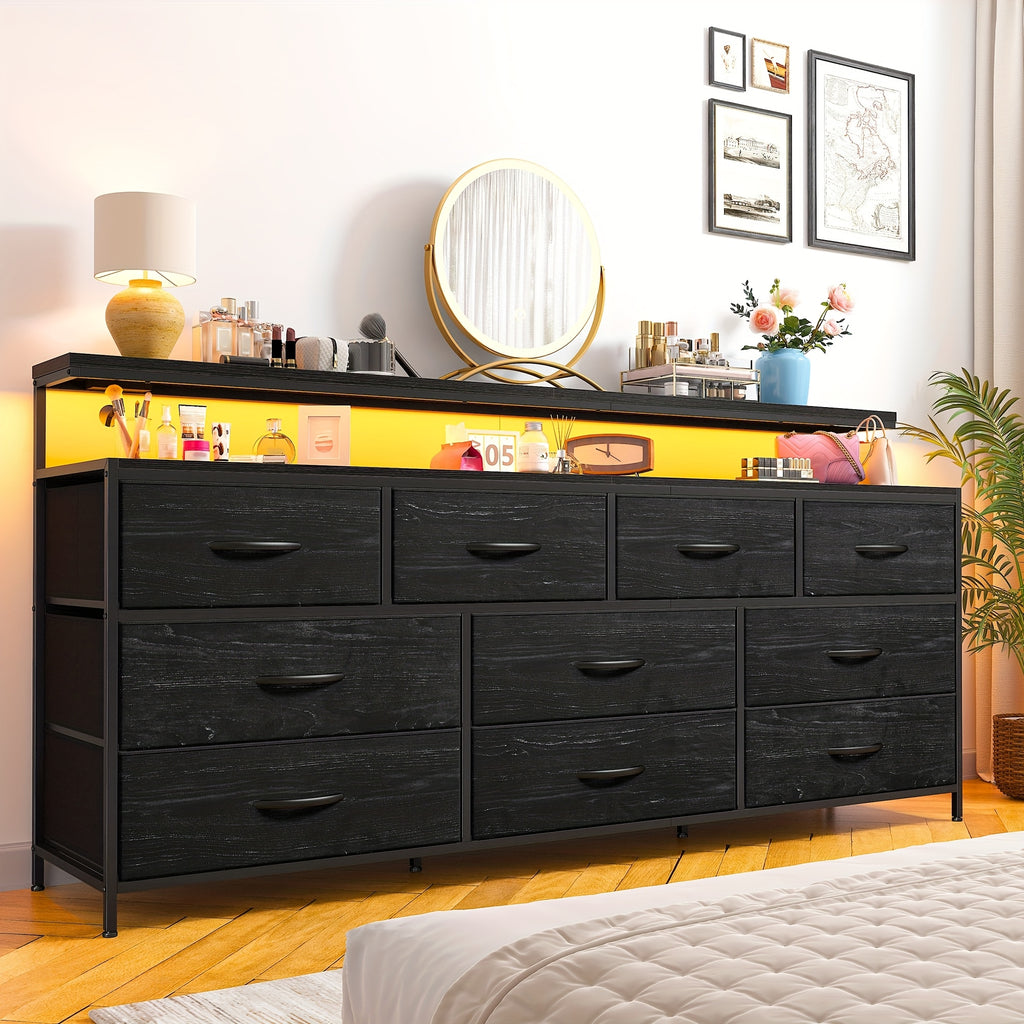 55" Wide Dresser for Bedroom with 10 Drawers, LED Lights & Power Outlets – Long Storage Chest, TV Stand up to 65", Metal Frame + Wood Top, Built-in Charging Station, Tiger Print / Black Wood Grain