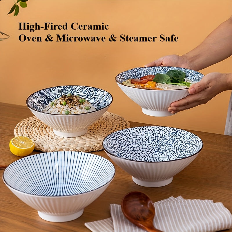 Japanese Ramen Bowls Set of 2 or 4 Ceramic Blue White Leaf Pattern 8 Inch 32oz Noodle Soup Bowl for Pho Ramen Pasta Cereal