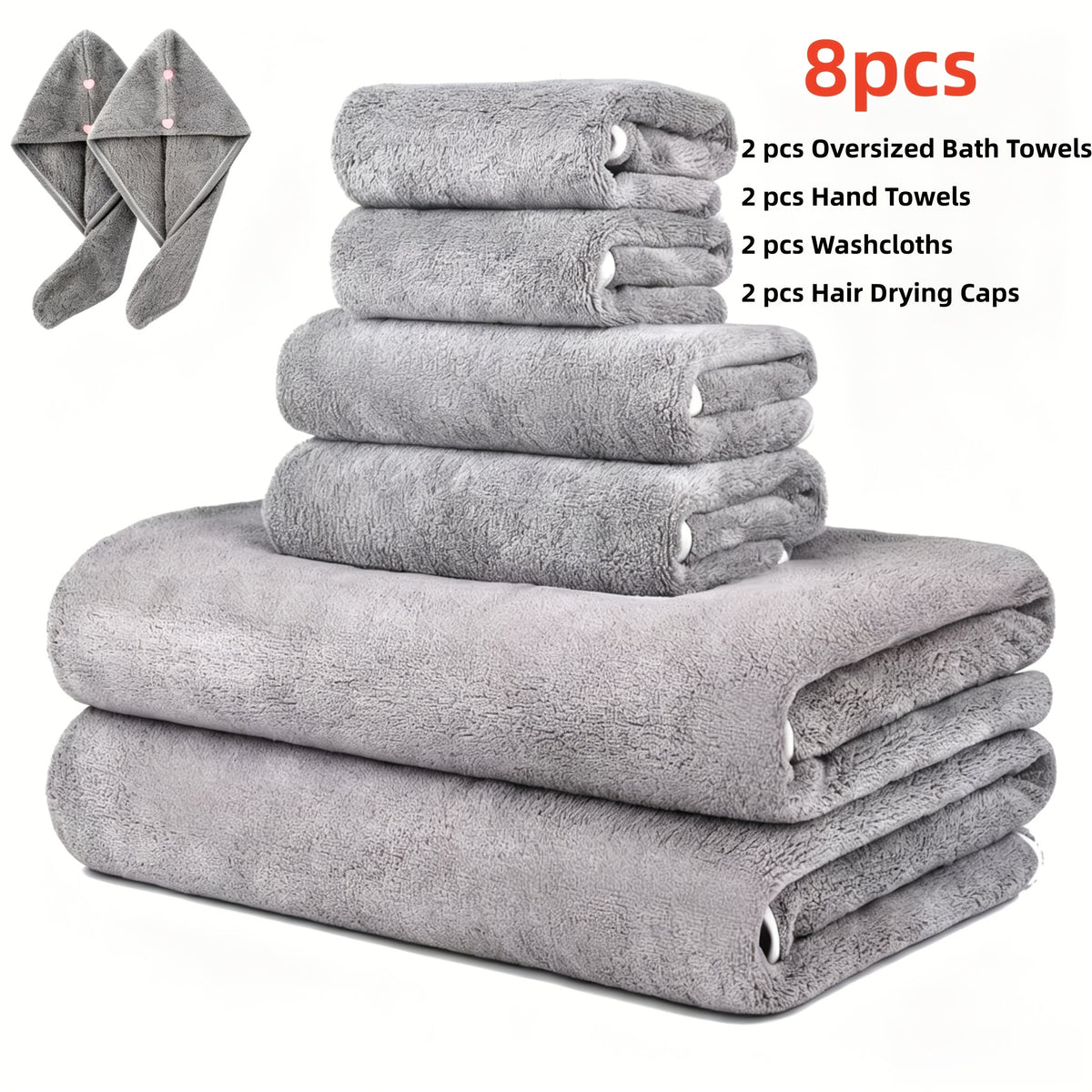 Microfiber Bath Towel Set 4 or 8 Piece – Extra Large 71×35” Ultra-Soft Quick Dry – Includes Bath Towel, Hand Towels, Washcloths & Hair Drying Cap for Bathroom, Hotel & Gym