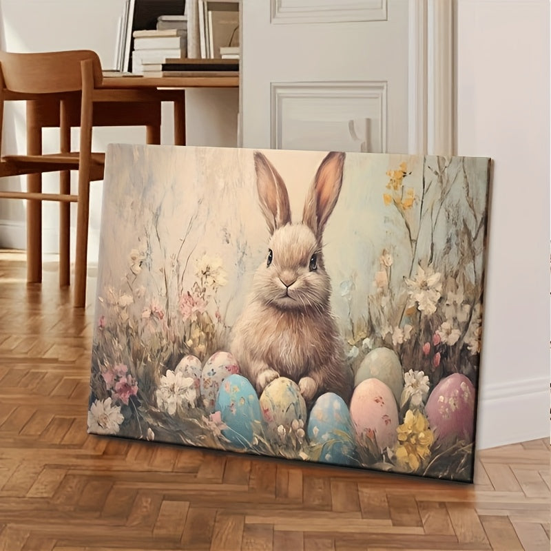 Easter Bunny Canvas Wall Art – Vintage Framed Oil Painting Print, Charming Bunny Rabbit Decor for Living Room Bedroom, Unique Easter Gift for Home