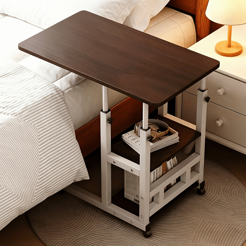 Rolling Over-Bed Table with 2-Layer Storage Rack | Mobile Bedside & Sofa Laptop Table, Solid Metal Frame, Smooth Wheels, Space-Saving Design – Multiple Colors