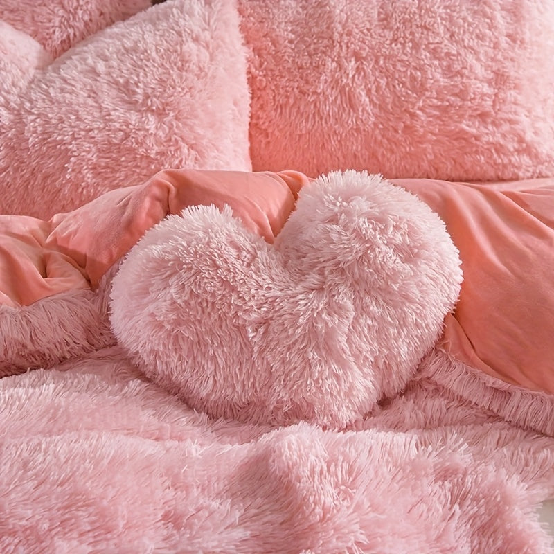 Velvet Duvet Cover Set Queen King Twin - Faux Down Flannel Bedding with Pillowcases & Bonus Heart Pillow, Zipper Closure Plush Thermal All-Season, 8 Colors 3/4-Piece