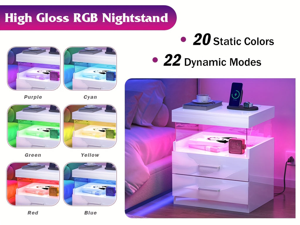 LED Nightstand with Charging Station USB Ports Outlets High Gloss Adjustable LED Lights 2 Storage Drawers Wood End Table Bedroom Living Room White Black 1pc or 2pcs