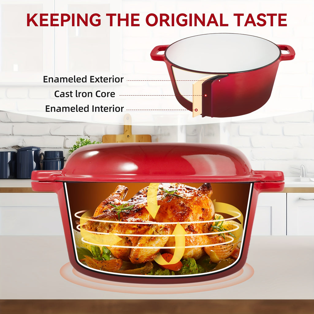 6 Quart 2-in-1 Enameled Cast Iron Dutch Oven and Casserole Nonstick Oven Safe 500°F Dual Handles All Stovetops Bread Baking Cooking Stewing