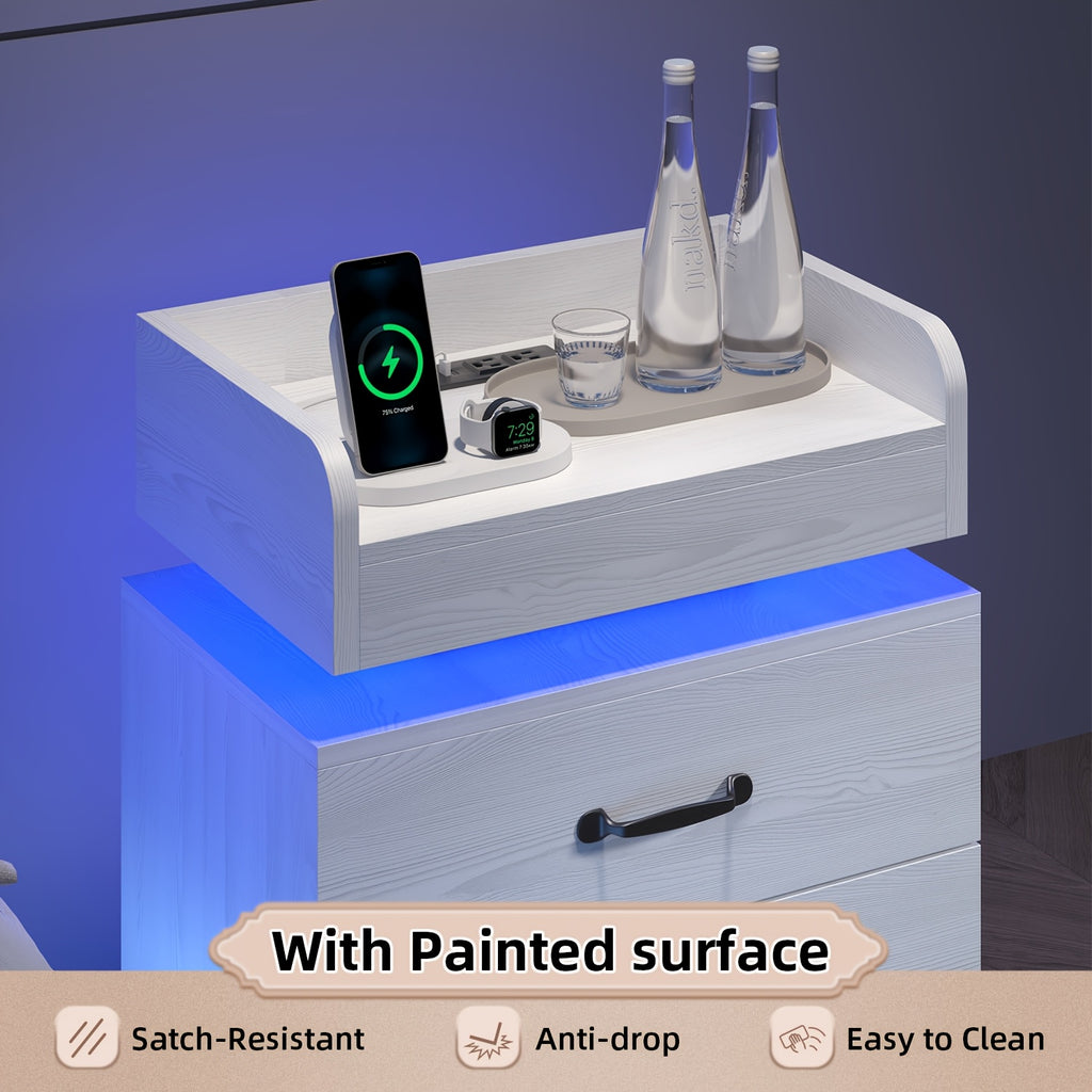 Nightstand with Charging Station LED Lights and 2 Drawers Bedside Table for Bedroom Living Room White Black Grey 1pc or 2pcs Set