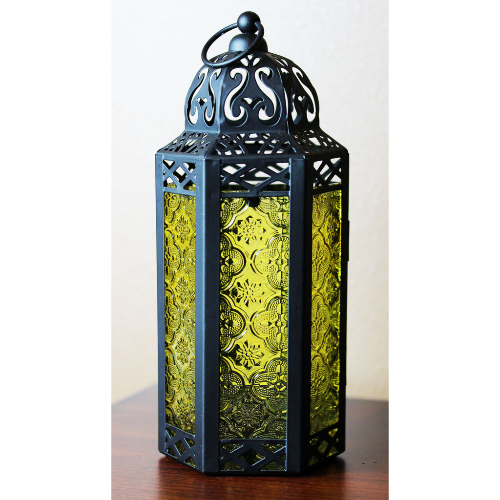 Moroccan Candle Lantern Holder Medium 10.5 Inch – Handcrafted Glass Iron Metal Lantern with Embossed Floral Panels, 17 Colors, Indoor Outdoor Use for Ramadan, Wedding, Patio, Diwali & Home Decor