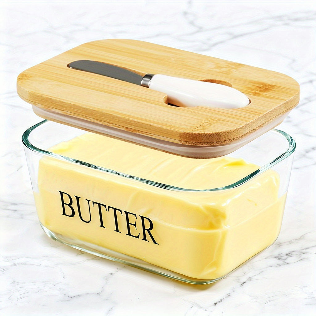 Glass Butter Dish with Lid & Knife, Large 1lb Capacity Butter Keeper with Airtight Seal for Countertop & Refrigerator Shelf, Clear Butter Container for Kitchen Decor, Great Housewarming Gift