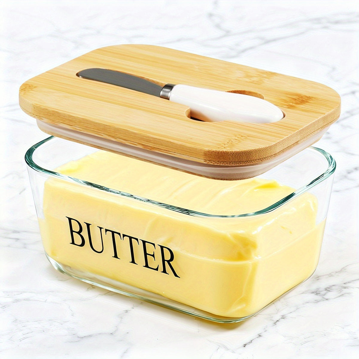 Glass Butter Dish with Lid & Knife, Large 1lb Capacity Butter Keeper with Airtight Seal for Countertop & Refrigerator Shelf, Clear Butter Container for Kitchen Decor, Great Housewarming Gift