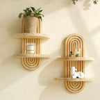 Boho Farmhouse Wood Floating Wall Shelves – 2-Layer Arc Design Wall-Mounted Storage Rack for Books, Plants & Decor in Bedroom, Bathroom, Kitchen & Living Room