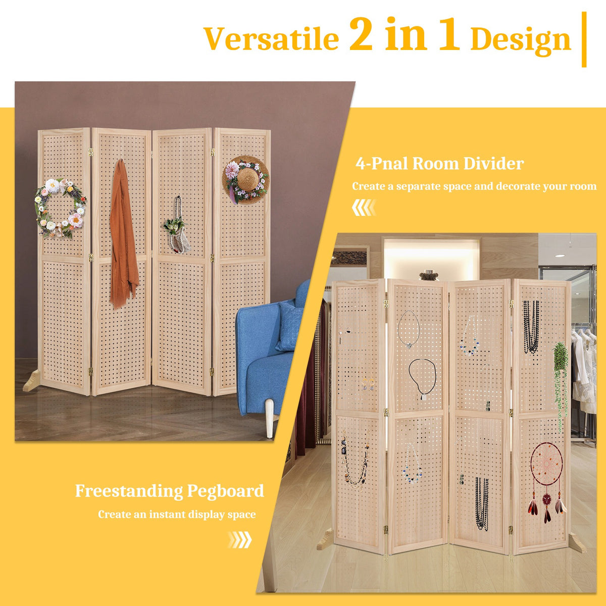 5 FT Freestanding Pegboard Room Divider | Wood Folding Privacy Screen & Display Board Organizer with Support Feet – White, Black, Natural, Grey | Craft Shows, Retail & Home