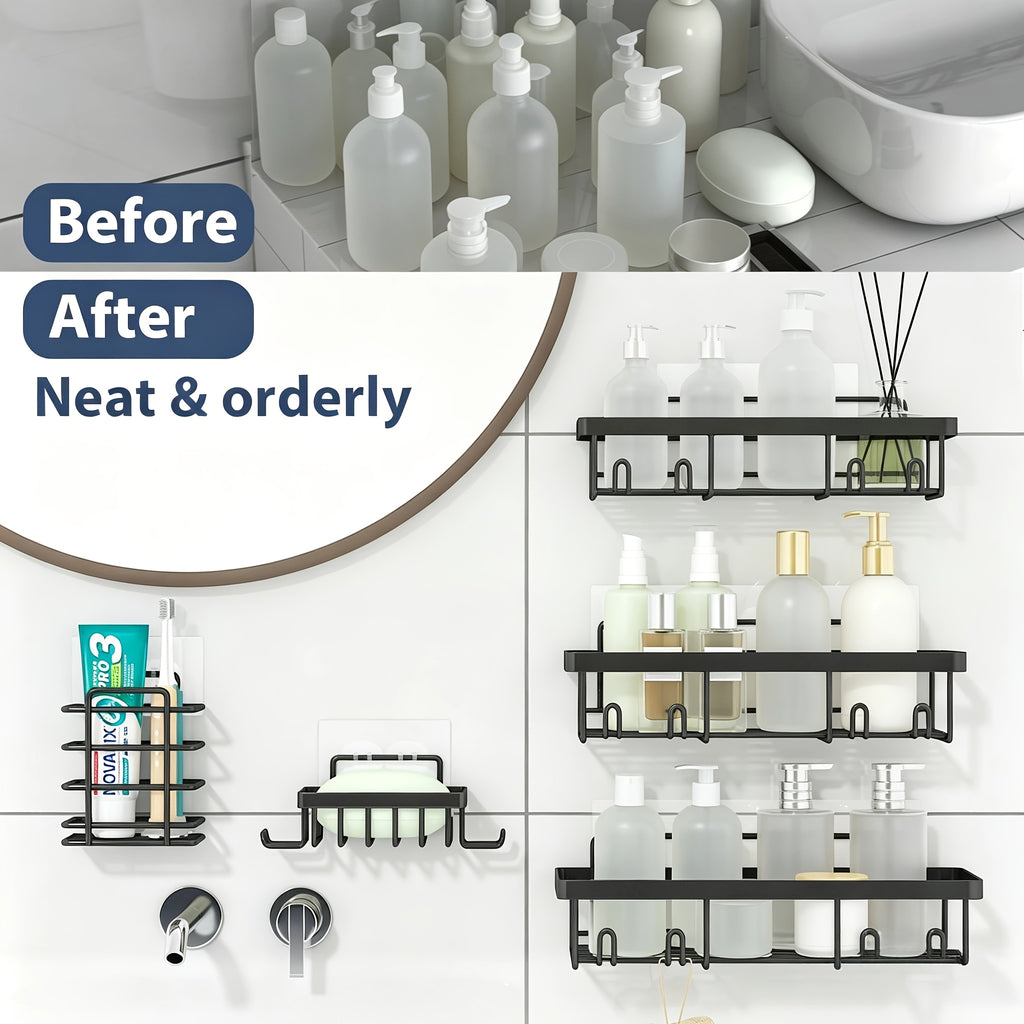 Shower Caddy 5 Pack Self-Adhesive Stainless Steel Shower Organizer Shelf - No Drilling Wall Mounted Bathroom Storage Rack, Large Capacity Rustproof Shower Basket - 10 Color Options
