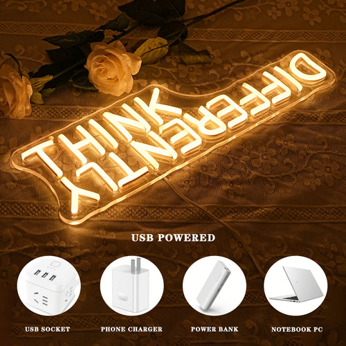"Think Differently" LED Neon Sign Wall Light – Warm White Dimmable USB-Powered Motivational Neon Sign for Office, Classroom, Study Room, Library & Bedroom Decor