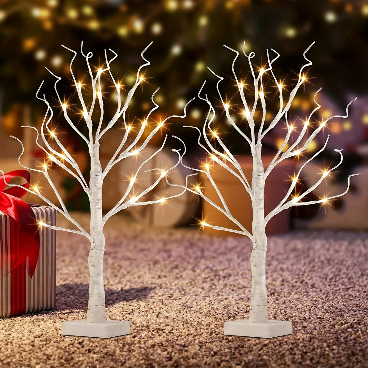 Artificial Birch Wood Branch LED Lamp 2FT 24 LEDs Warm White with Timer - USB & Battery Dual Powered Decorative Twig Light for Bedroom Living Room Office Wedding Home Decor - Single & 2-Pack