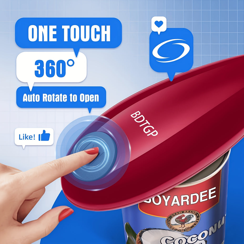 One-Touch Automatic Electric Can Opener – Smooth Edge Safety Can Opener for Arthritis & Elderly, Hands-Free Effortless Operation, Compact Design, No Sharp Edges, Black or Red