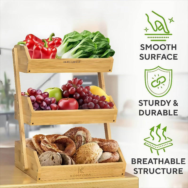 3 Tier Bamboo Fruit Basket Rack Large Capacity Countertop Kitchen Storage for Fruits Vegetables & Bread – Natural Wood Ventilated Design