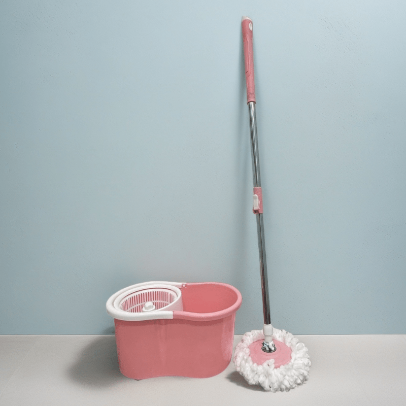 Pink 360 Spin Mop and Bucket Set with Wringer 4 Microfiber Heads Stainless Steel Adjustable Handle for Hardwood Tile Laminate Floor Cleaning