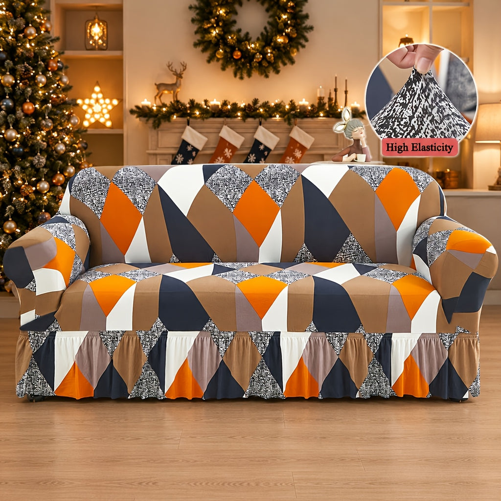 Printed Skirt Elastic Sofa Cover Full Wrap – Universal Fiber Fabric All-Season Couch Slipcover Protector for Living Room, Single 2-Seater 3-Seater 4-Seater
