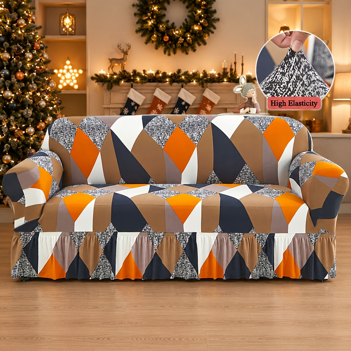 Printed Skirt Elastic Sofa Cover Full Wrap – Universal Fiber Fabric All-Season Couch Slipcover Protector for Living Room, Single 2-Seater 3-Seater 4-Seater