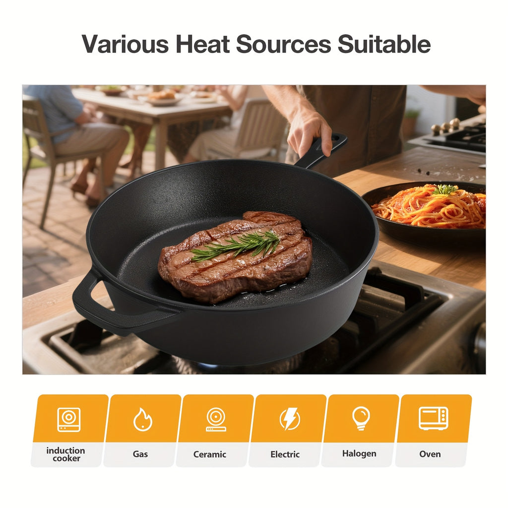 Pre-Seasoned Cast Iron Dutch Oven & Frying Pan Set – 2-in-1 Deep Pan + Skillet for Baking, BBQ, Stovetop & Induction | Indoor & Outdoor Cookware