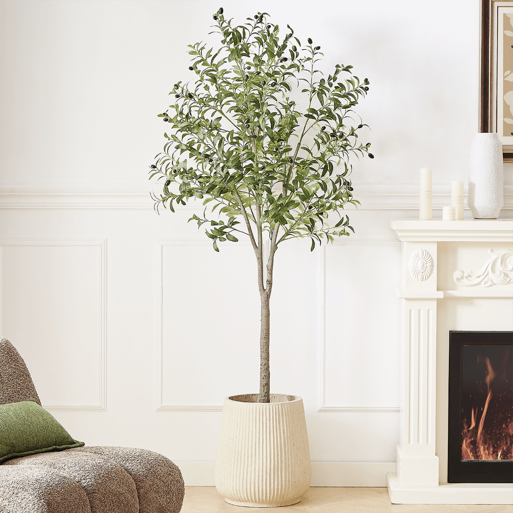 Tall Artificial Olive Tree 5/6/7FT Thick Trunk Indoor Faux Olive Plant with Lush Leaves & Berries for Living Room, Kitchen & Home Decor, Spring Summer Decoration